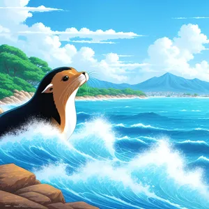 Serene coastal landscape with majestic seabird soaring gracefully above