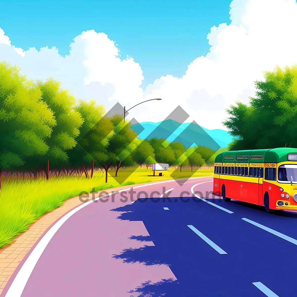 Picture of Idyllic Countryside Landscape with School Bus