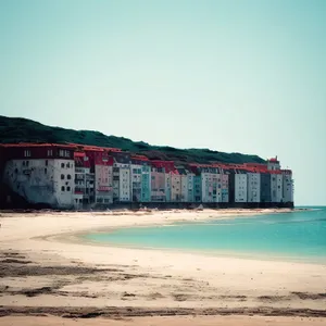 Tropical island beach vacation landscape with sunny skies.