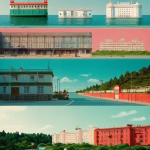 Seaside Cityscape: Majestic Cargo Ship in Harbor