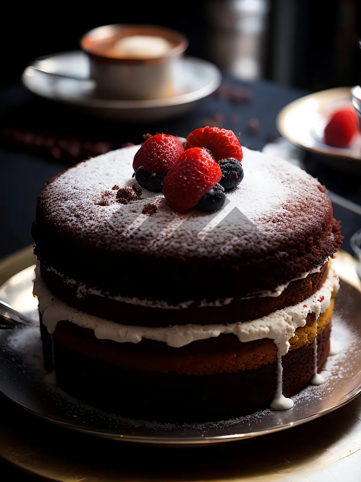 Picture of Delicious Fruit Tart with Chocolate Sauce and Berries