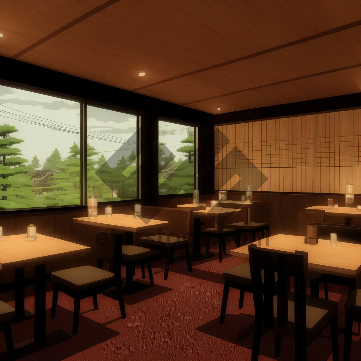 Picture of Modern luxury restaurant interior design with wooden furniture.