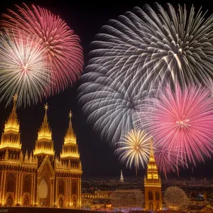 Midnight Spectacle: Radiant Fireworks Illuminate City Skyline