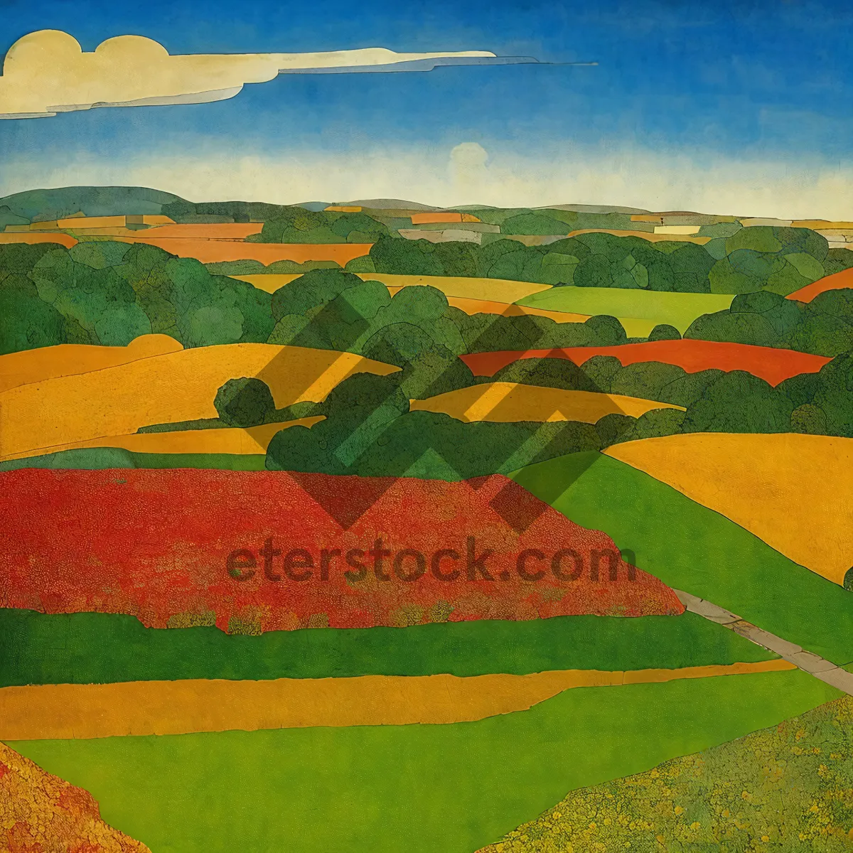 Picture of Serene Summer Landscape with Rolling Hills and Green Fields