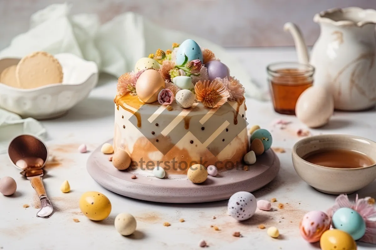 Picture of Delicious breakfast cake and hot tea on china plate