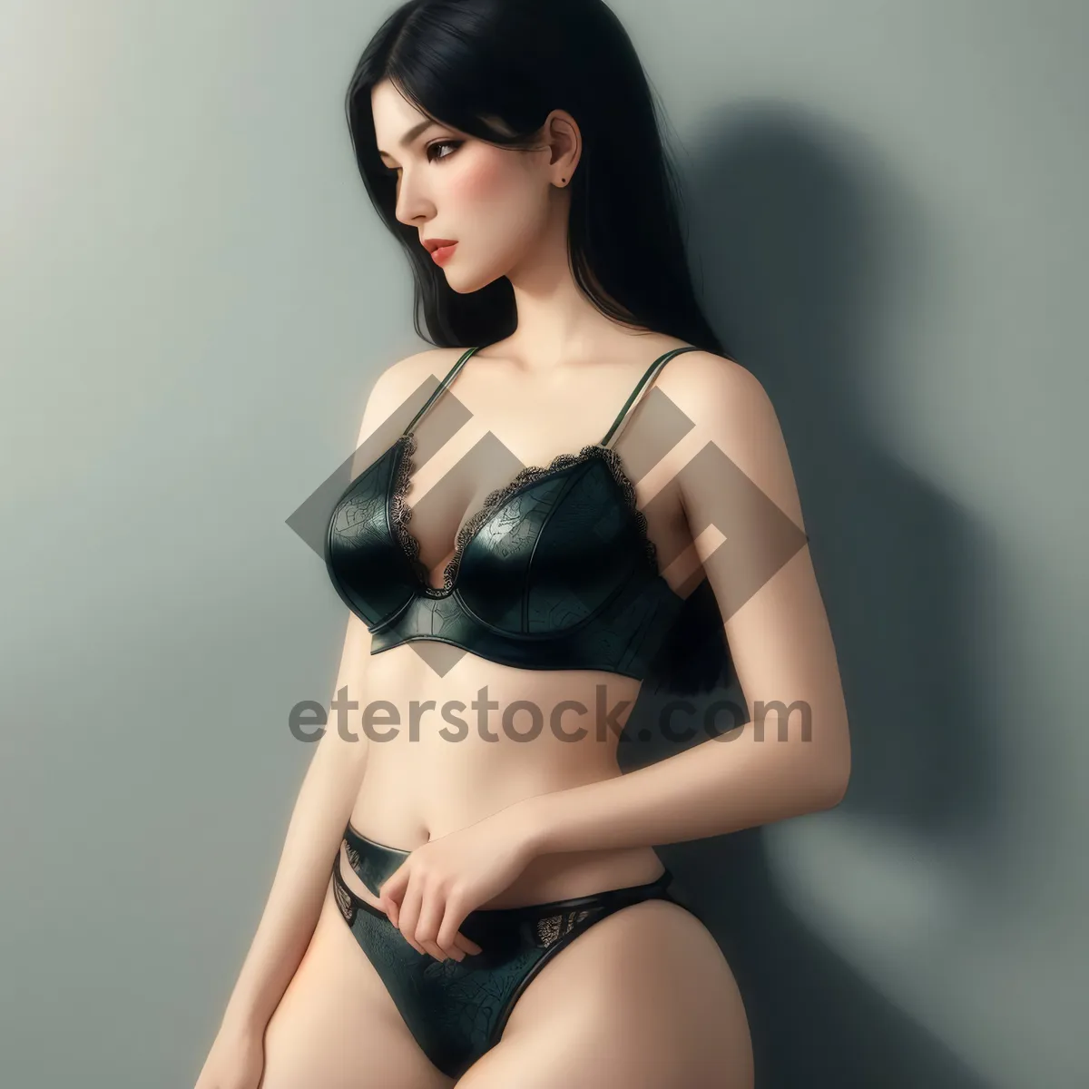 Picture of Sexy black lingerie model posing sensually in studio.