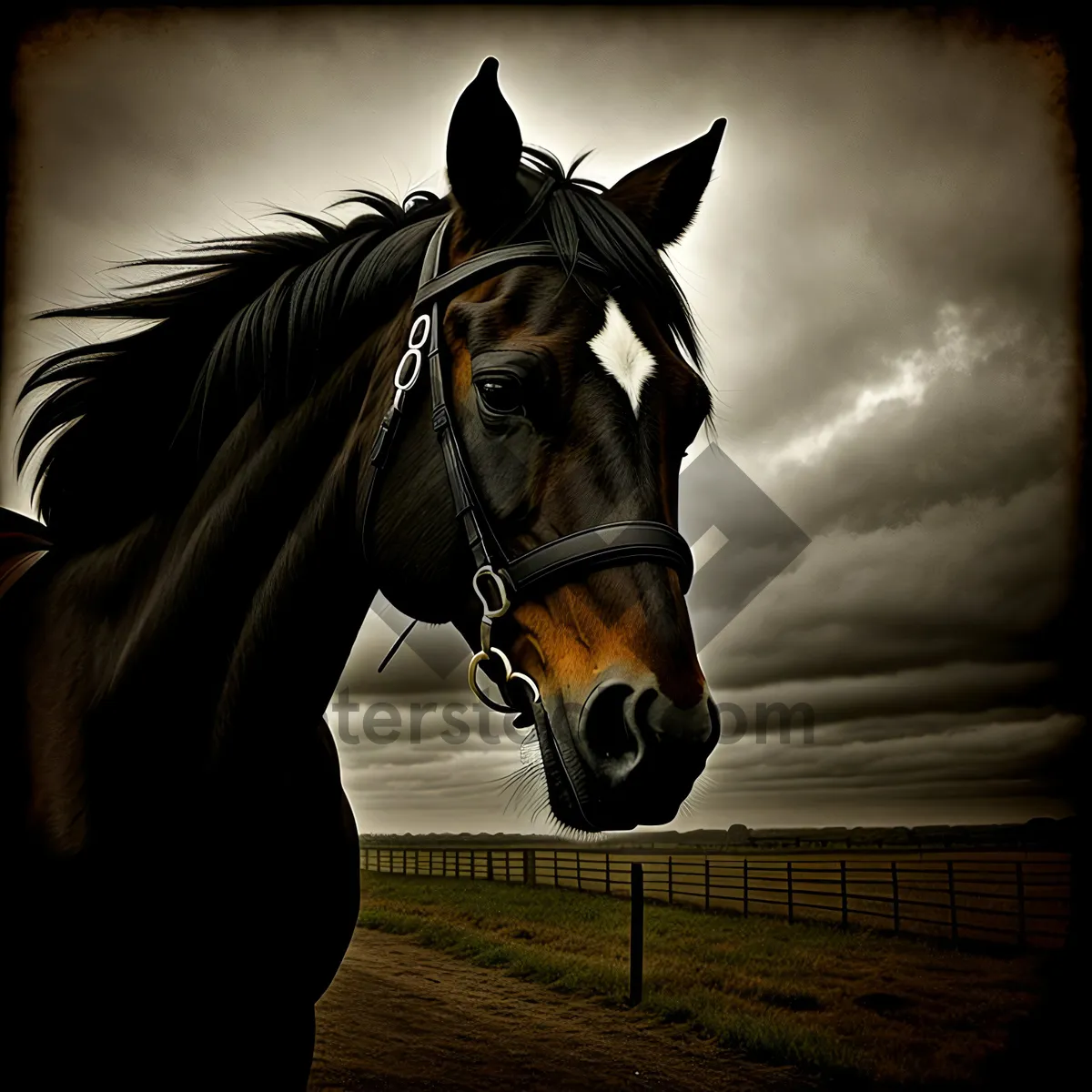 Picture of Thoroughbred Stallion in Bridle - Magnificent Equine Majesty.