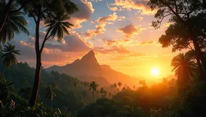 Sunset silhouette over tropical beach with palm trees.