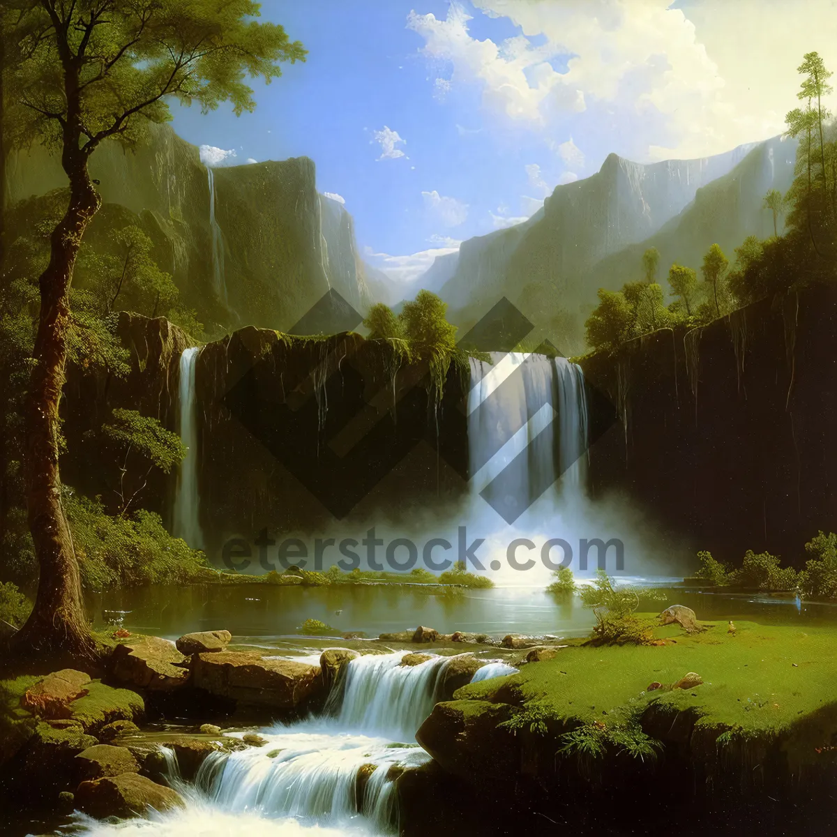 Picture of Serene Mountain Stream Flowing through Forest Landscape