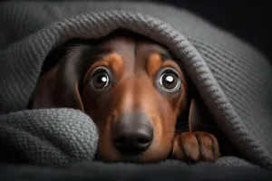 Cute brown puppy wrapped in bath towel pose portrait.