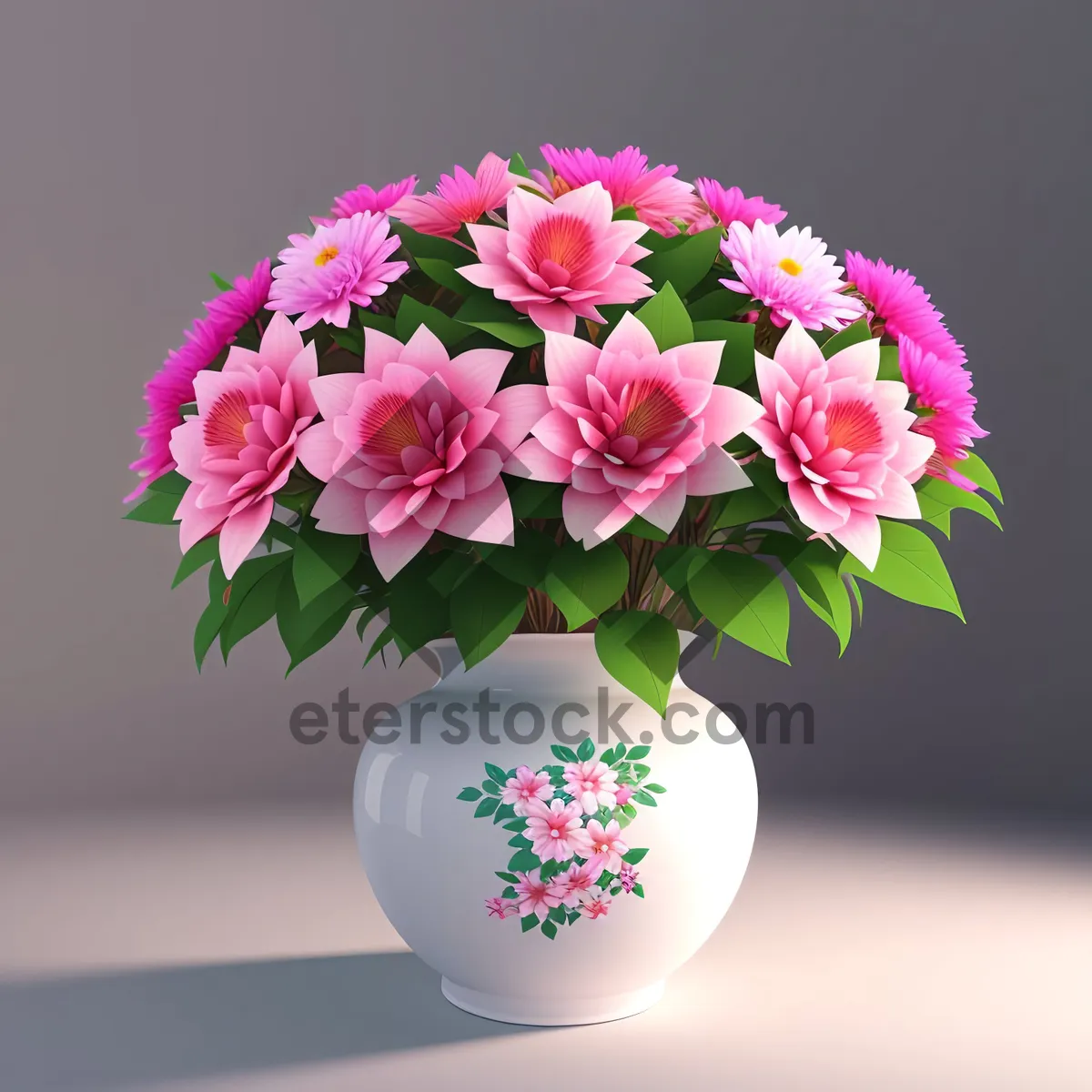 Picture of Pink Floral Bouquet with Roses and Spring Blossoms in Vase