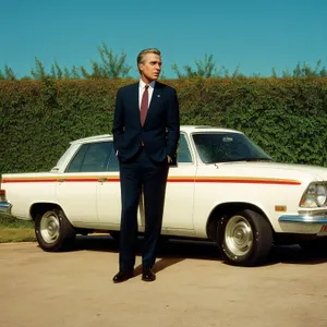 Successful businessman in a suit with a car