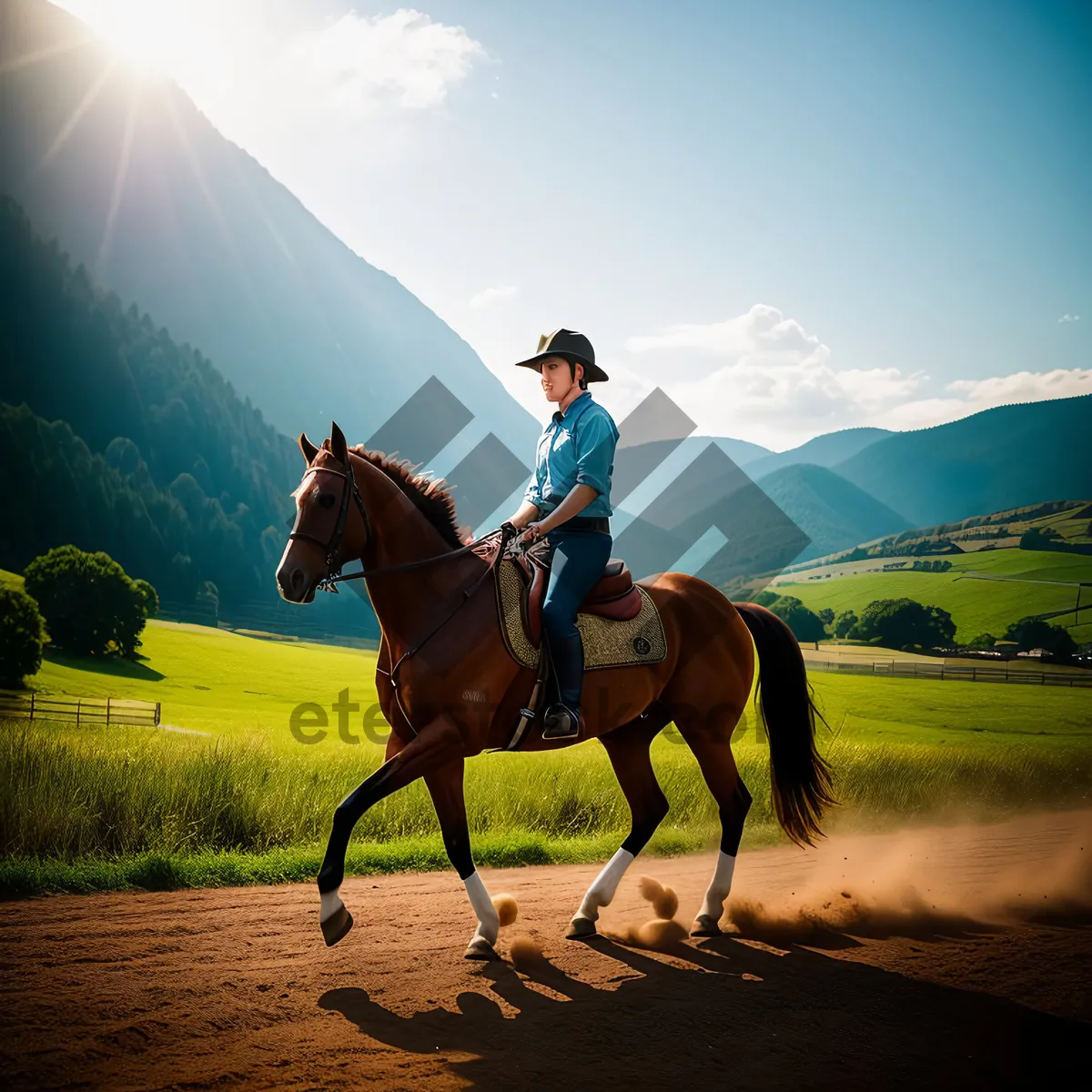 Picture of Equestrian Cowboy Riding Thoroughbred Horse in Rural Field