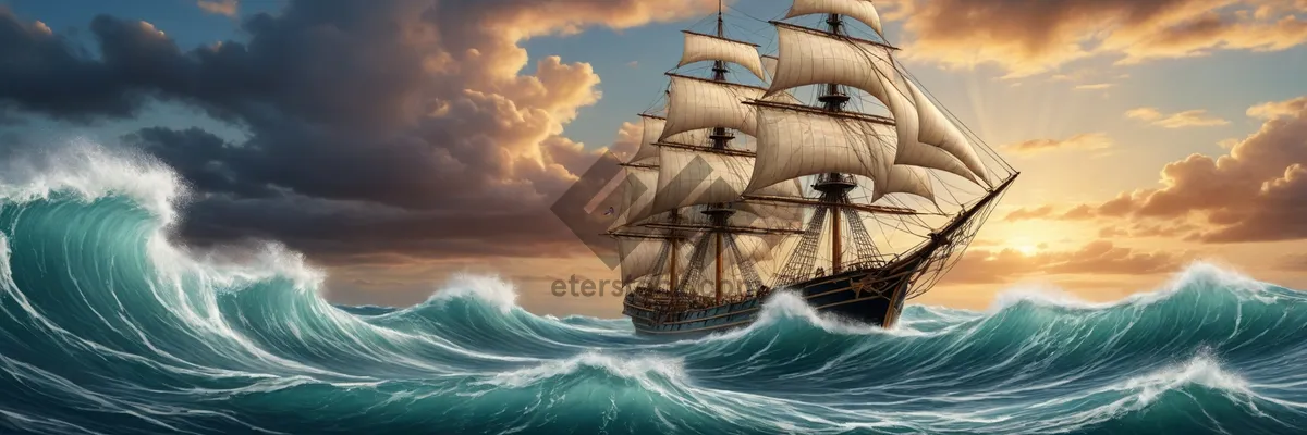 Picture of Pirate ship sailing at sunset on the ocean