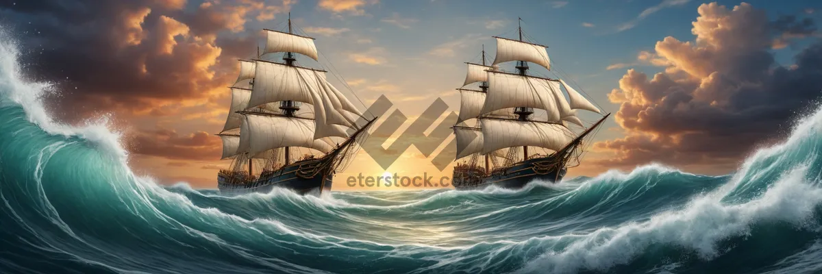 Picture of Pirate ship sailing into the sunset on beach