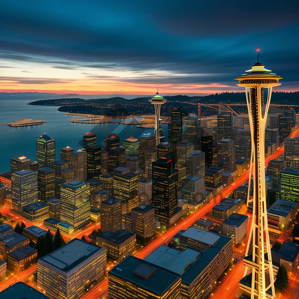 Picture of Stunning Nighttime Skyline Over Waterfront City