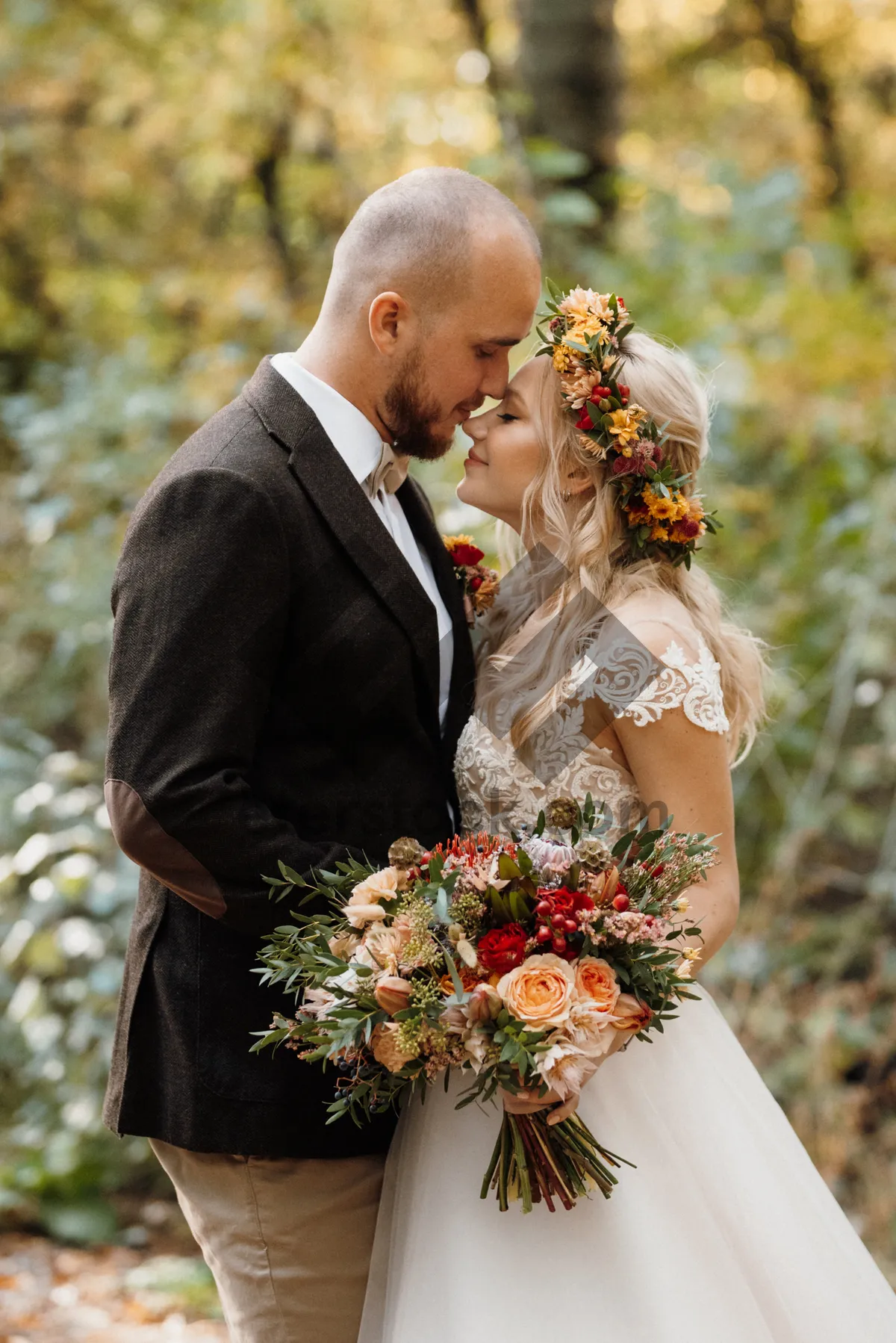 Picture of Happy Couple Embracing Outdoors at Wedding Celebration