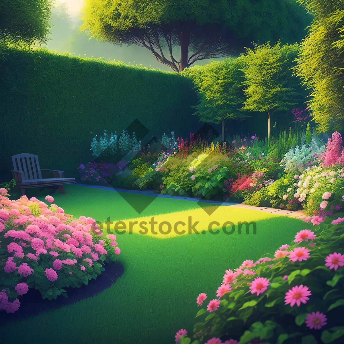 Picture of Scenic Summer Garden Landscape with Blooming Flowers