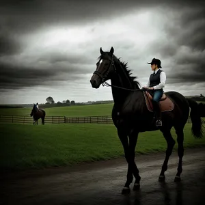 Elegant Brown Stallion Galloping Through Green Field