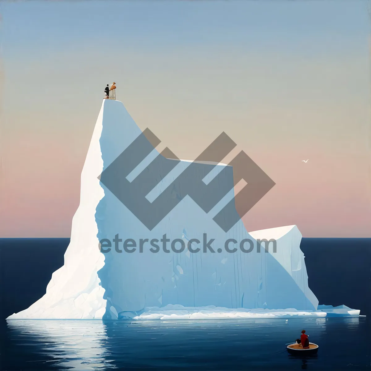 Picture of Serene Seascape: Iceberg-dotted Schooner Sailing on Vast Ocean