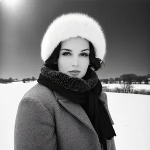 Happy Lady in Fashionable Winter Hat and Scarf