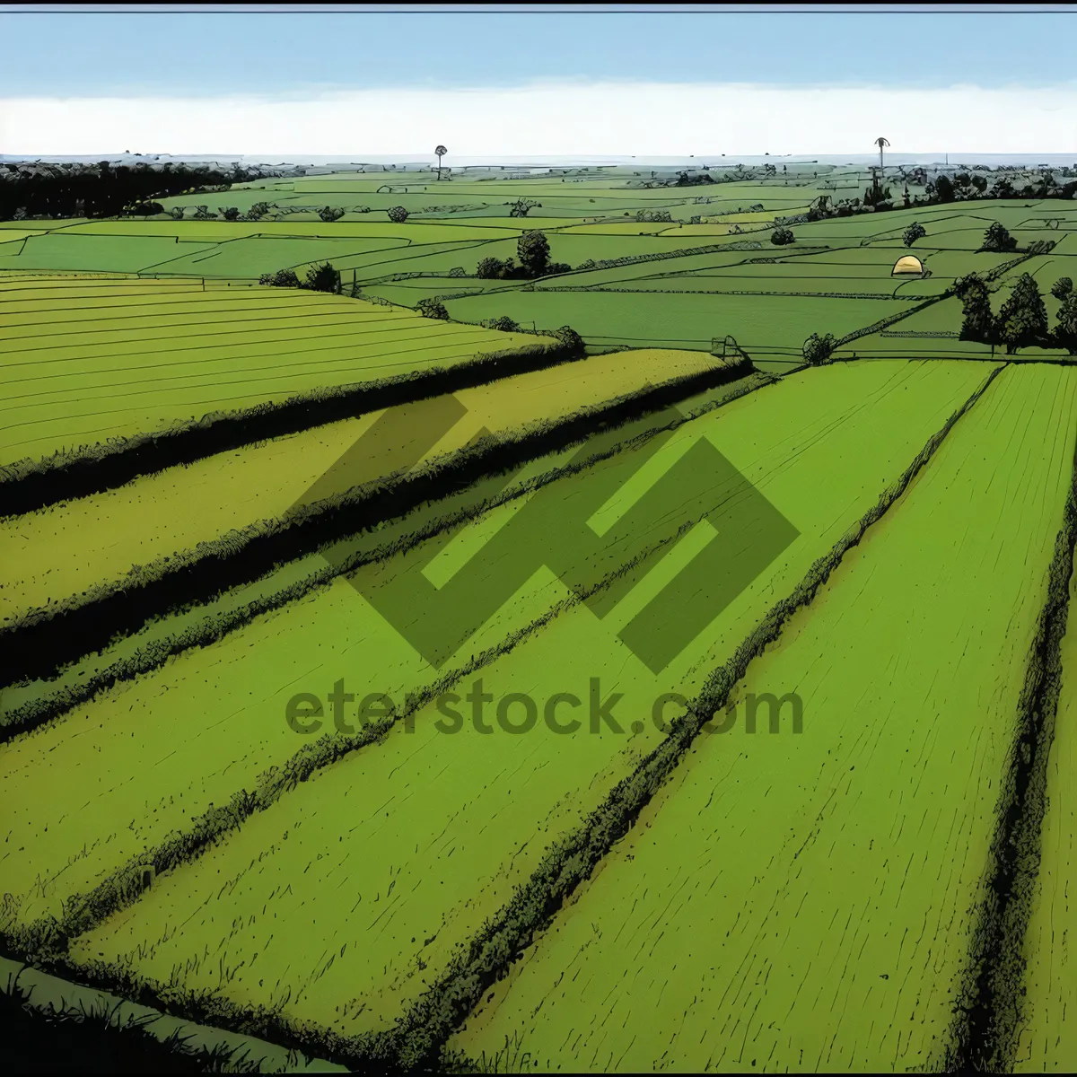 Picture of Serene Summer Meadow with Farming Facilities Under Blue Skies