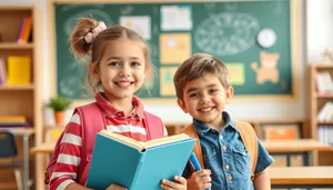 Happy schoolboy learning in cheerful classroom with friends.