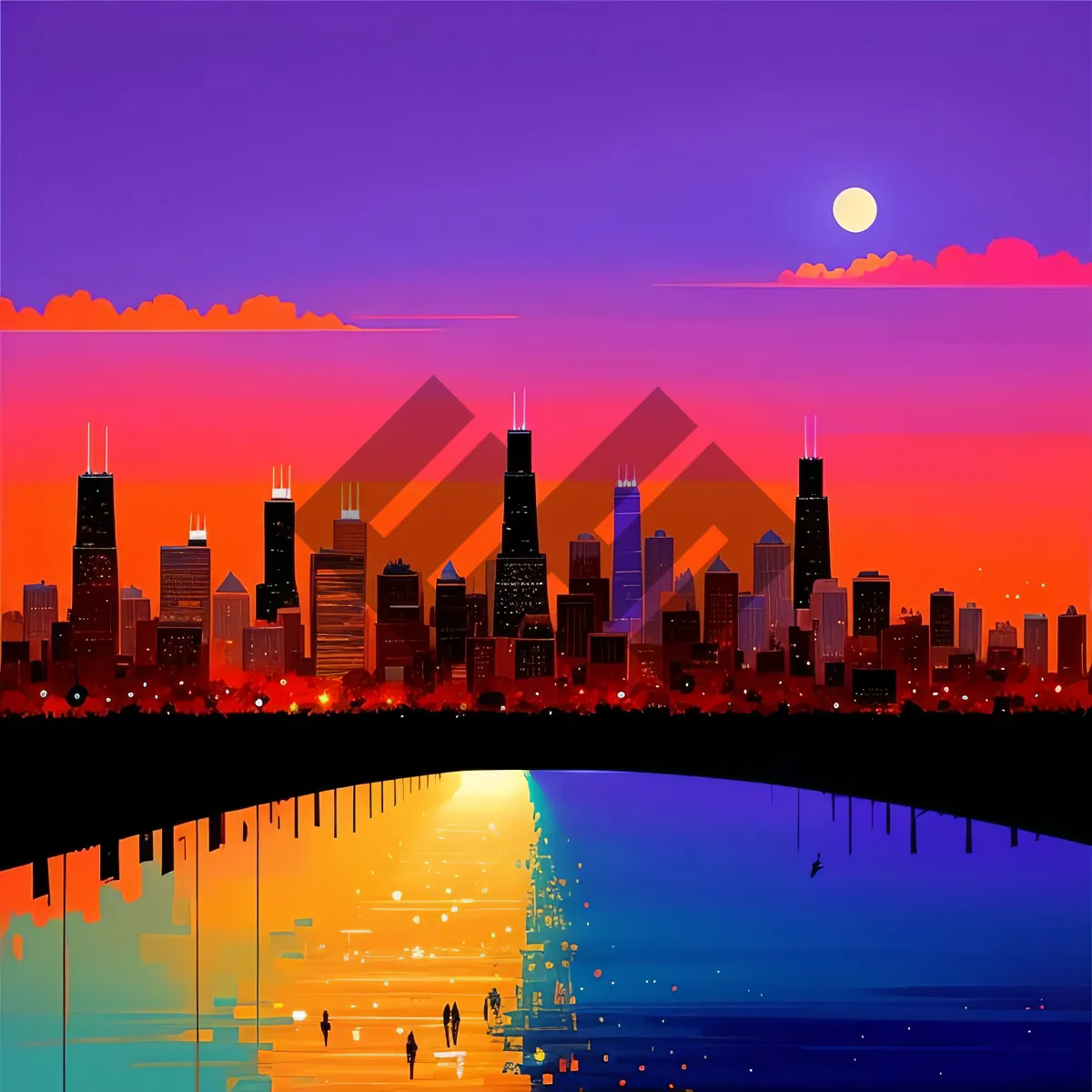 Picture of Dazzling city skyline at sunset reflecting on the river