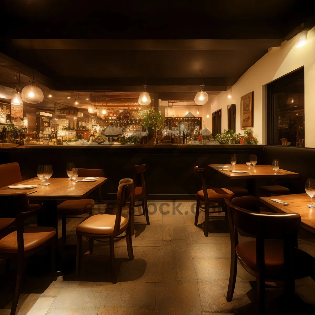 Picture of Modern interior design of a contemporary restaurant dining hall.