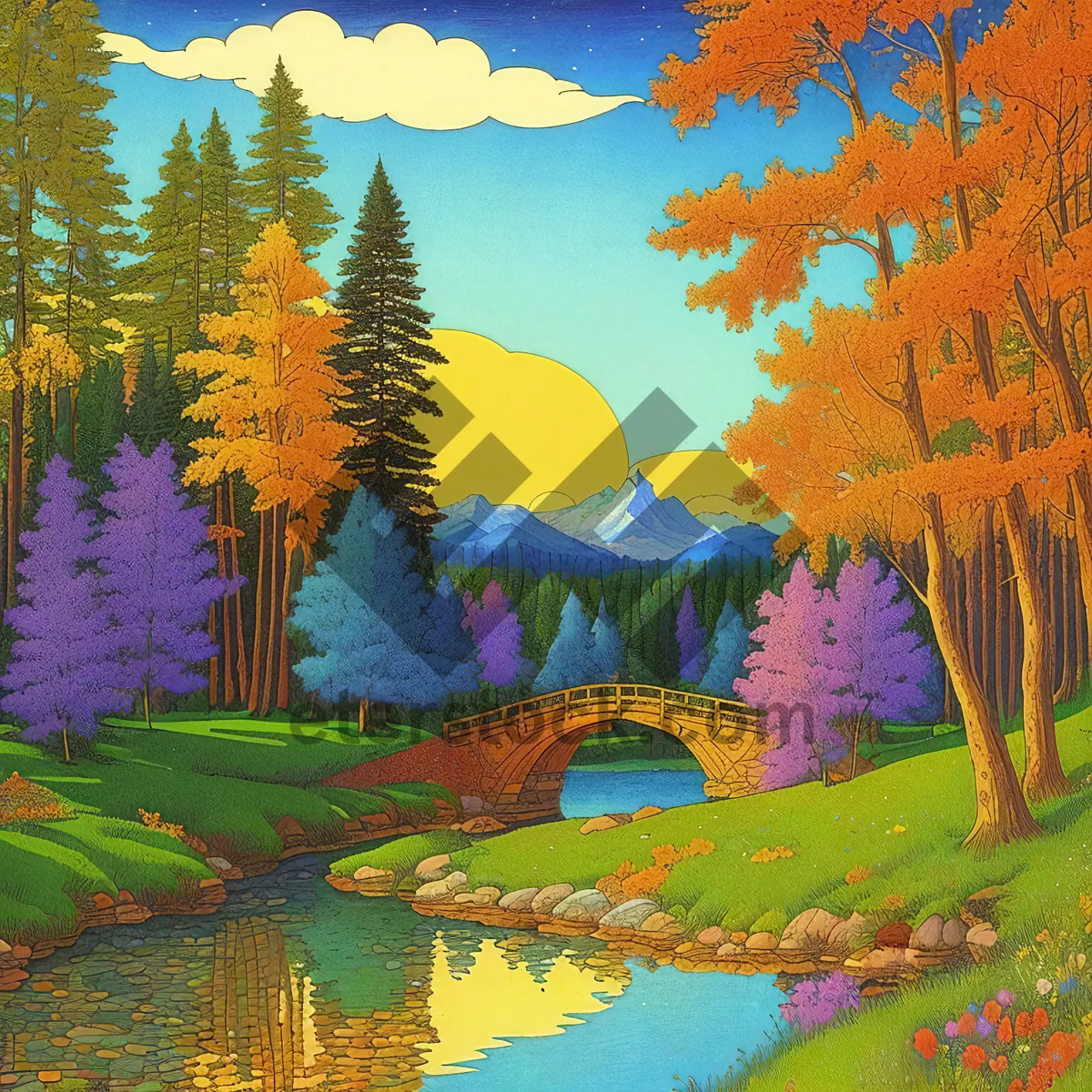 Picture of Vibrant Autumn Landscape with Colorful Trees and Reflecting Lake