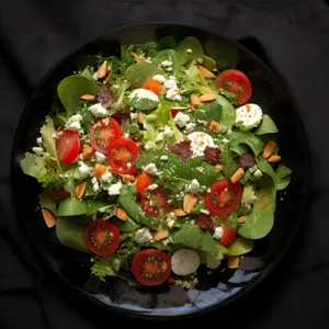 Gourmet vegetable salad with fresh tomatoes and olives