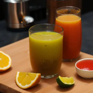 Freshly squeezed orange juice on a breakfast table.