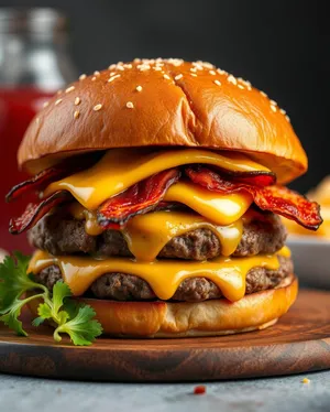 Grilled cheeseburger with fresh vegetables and sesame bun.