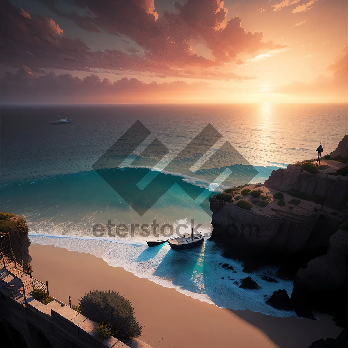 Picture of Sunset Beachscape with Majestic Sea and Rocky Coastline