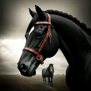 Stallion wearing brown horse bridle and harness.