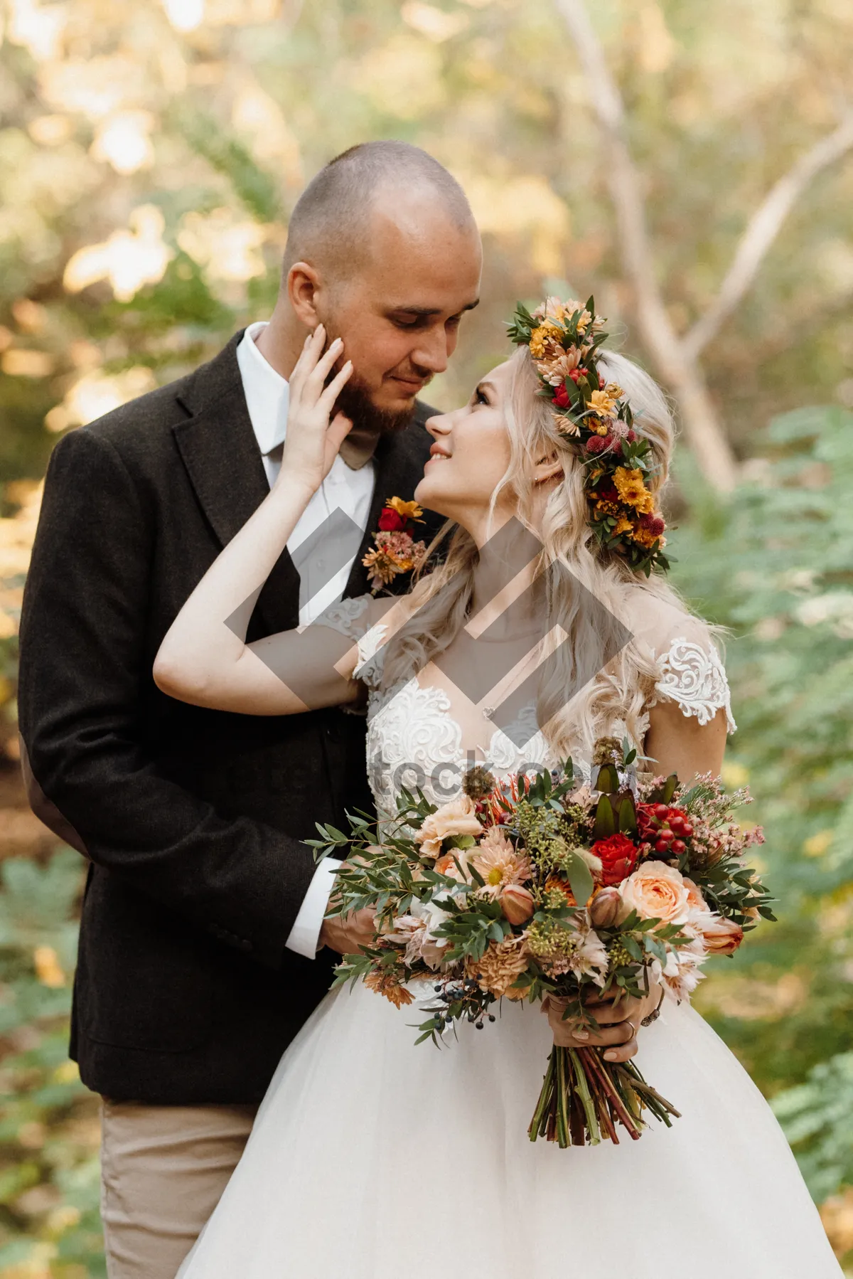 Picture of Happy Bride and Groom Celebrating Wedding Outdoors