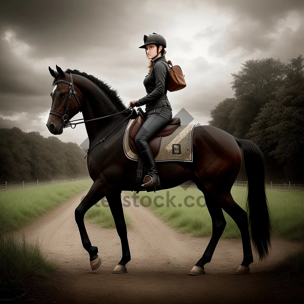 Picture of Equestrian Stallion On Stock Saddle Riding-Field