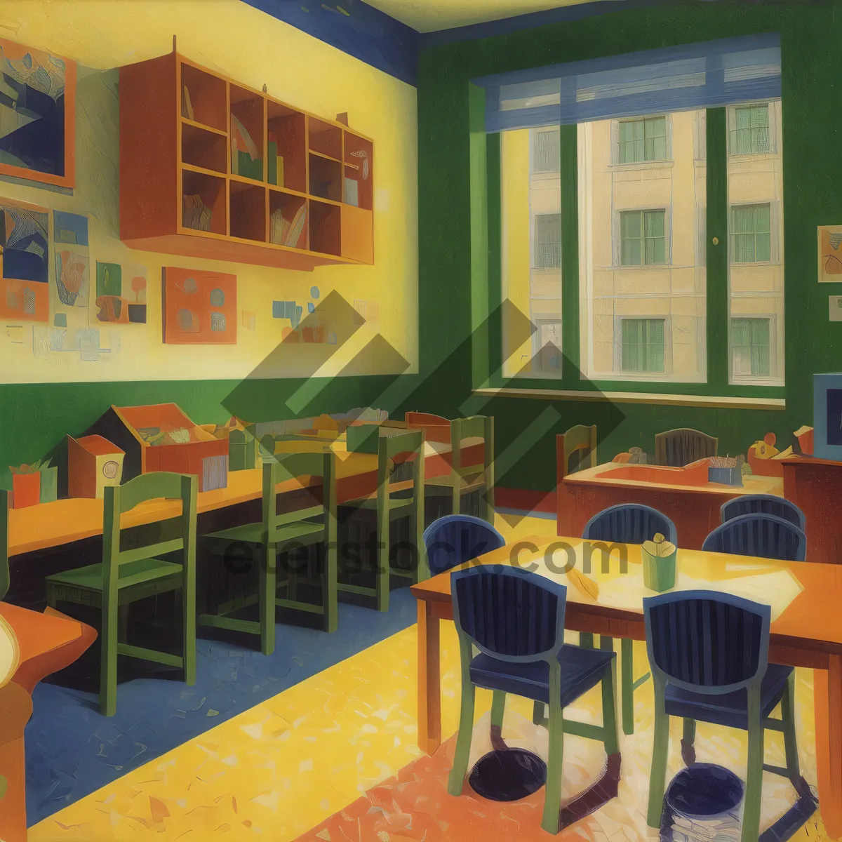 Picture of Modern Classroom Interior with Wooden Furniture