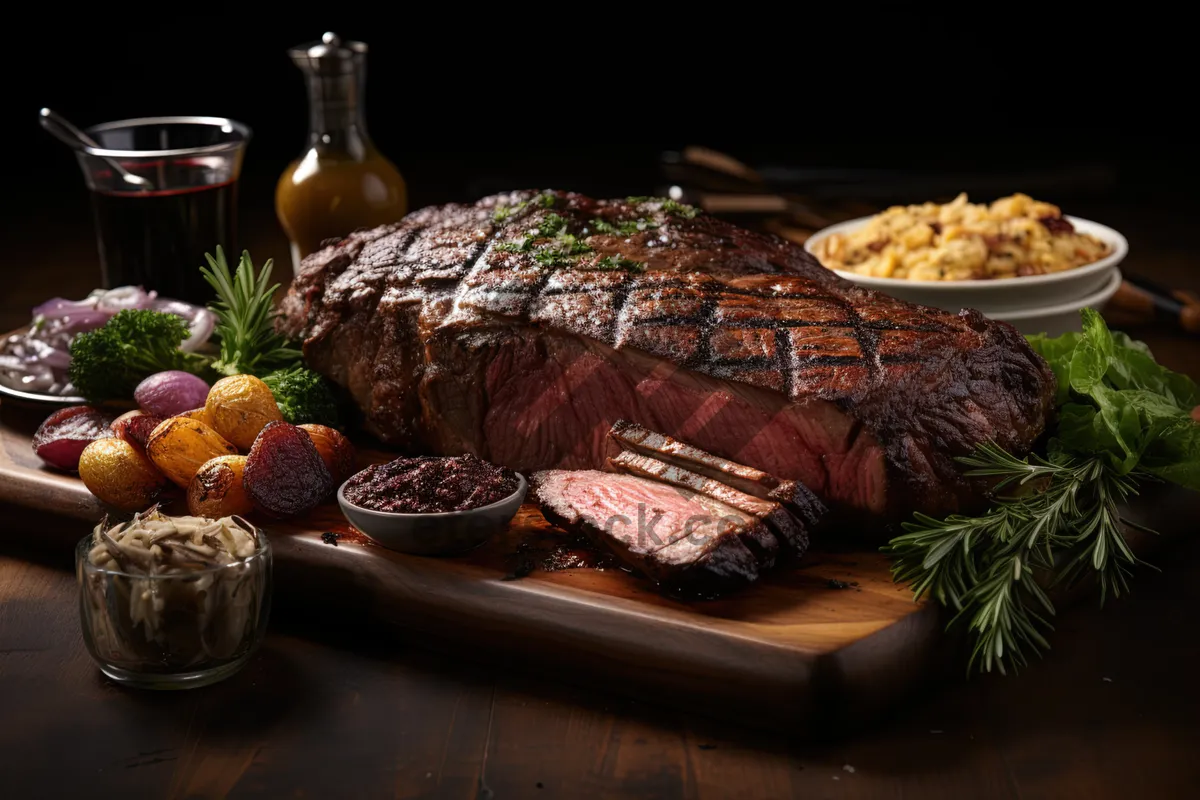 Picture of Delicious grilled steak with vegetable salad and sauce.