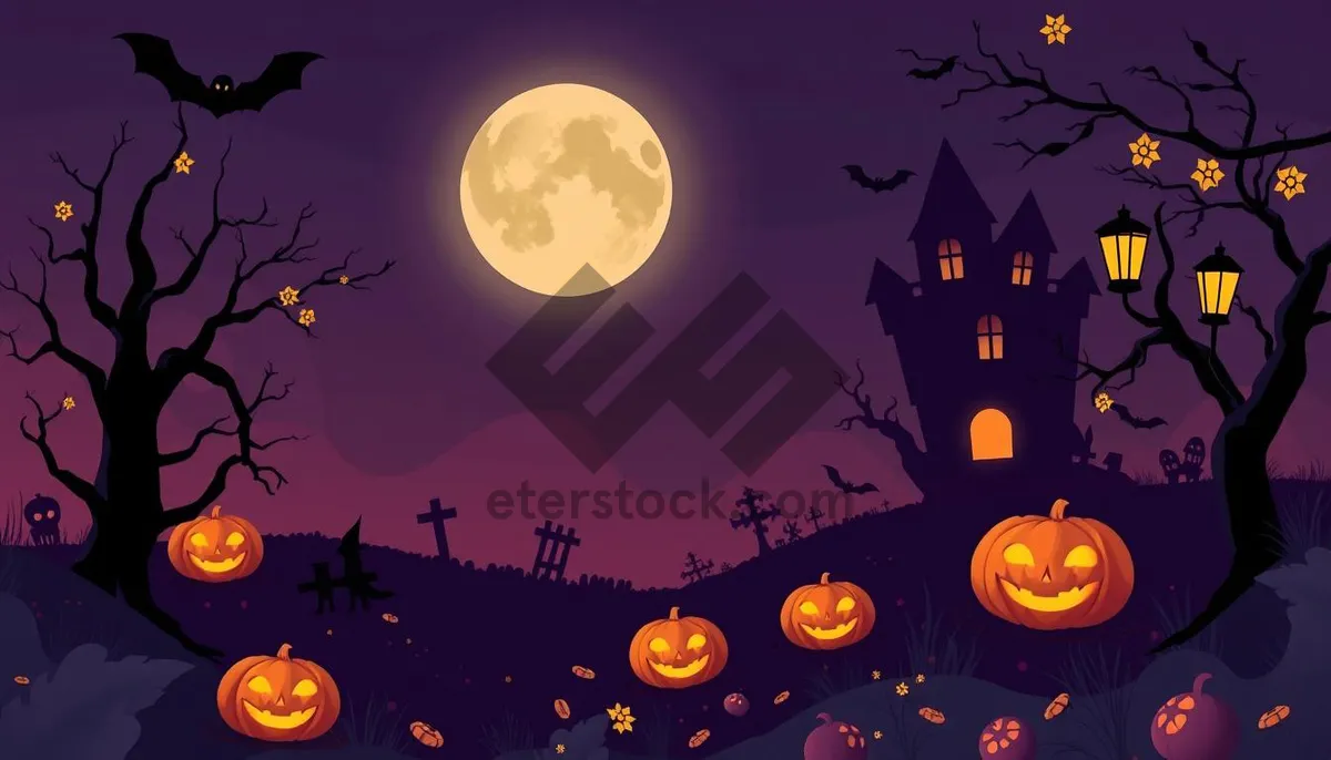 Picture of Nighttime Silhouette Cemetery with Moon and Pumpkins