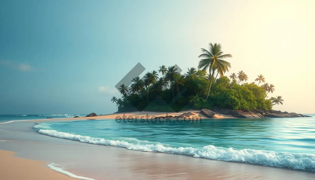 Picture of Tropical vacation paradise: Relaxing beach waves under sunny sky.