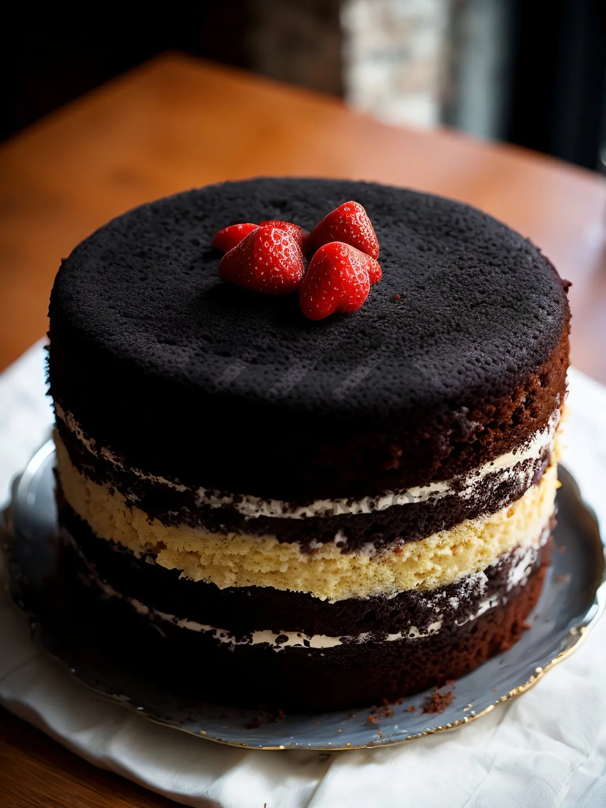 Picture of Delicious berry cake with fresh cream and chocolate