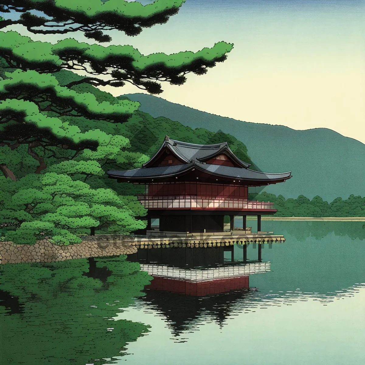 Picture of Ancient Japanese Temple by the Lake