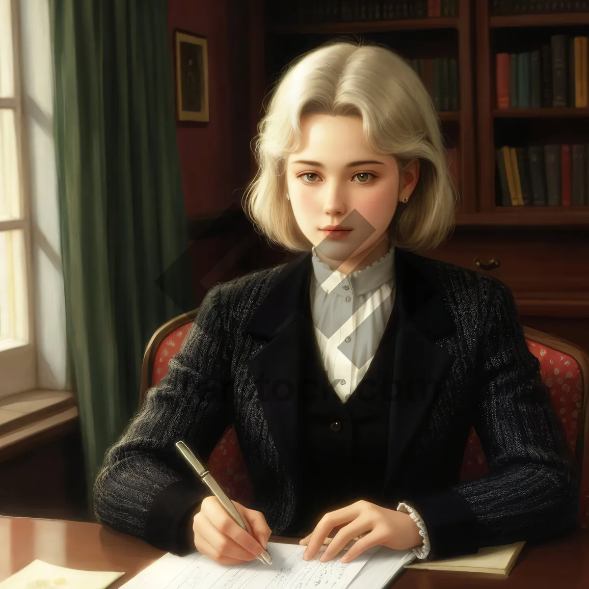 Picture of Happy businesswoman working on laptop in office