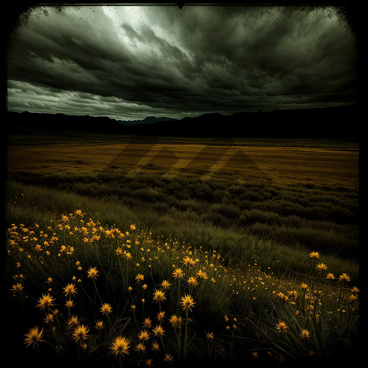 Picture of Golden Horizon: Sunlit Meadow with Mountain View