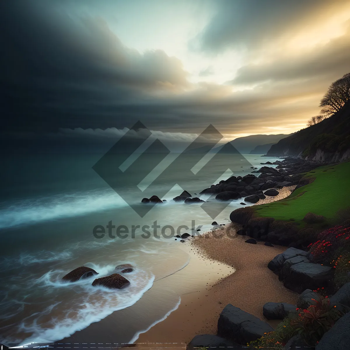 Picture of Tropical Paradise at Sunset: Tranquil Orange Reflection on Beach