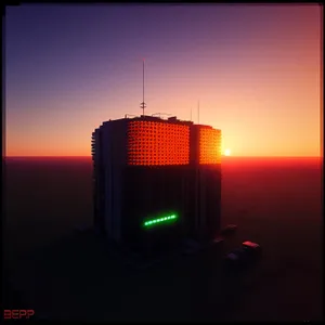 Cityscape Sunset with Tower and Digital Clock
