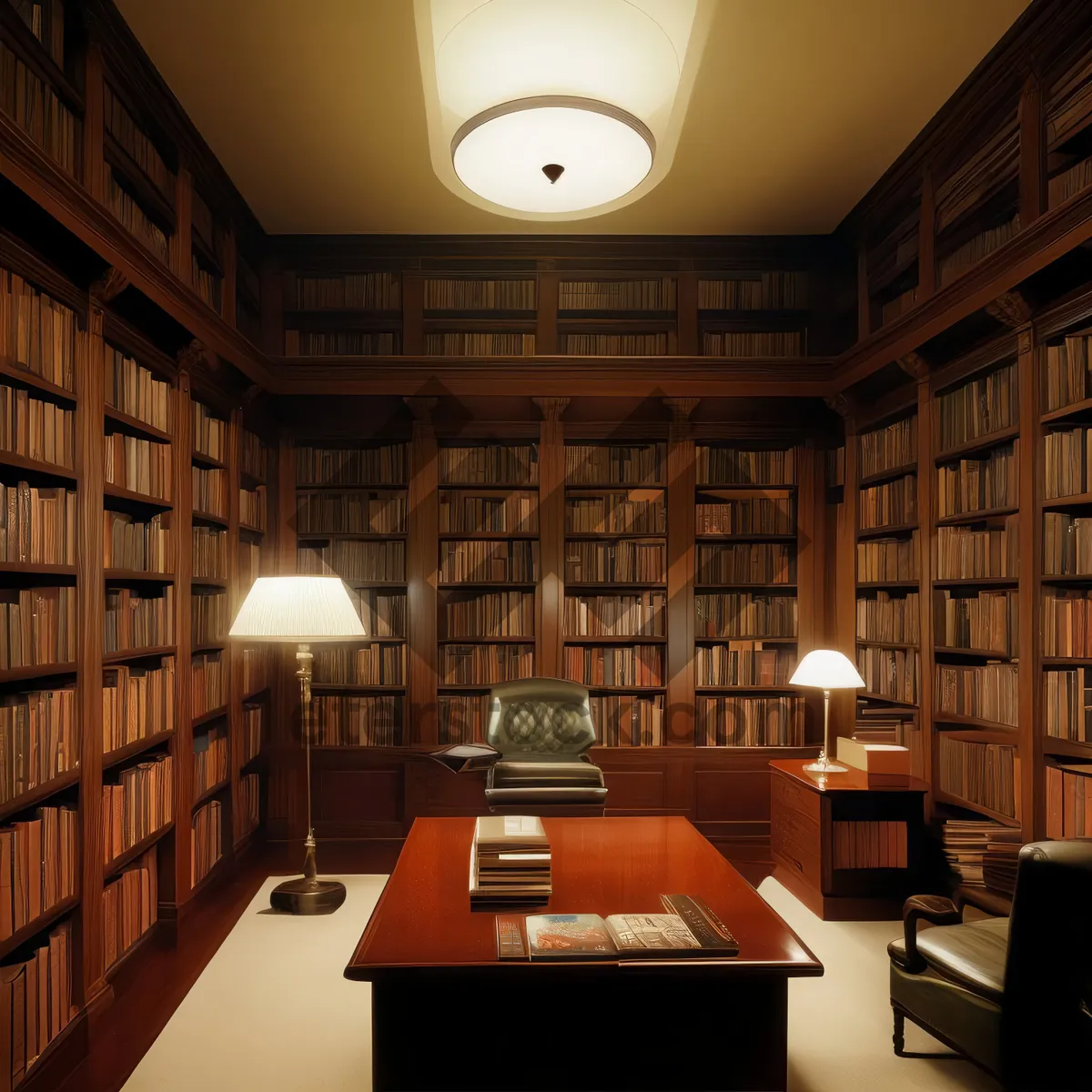Picture of Modern library interior with wooden furniture and books
