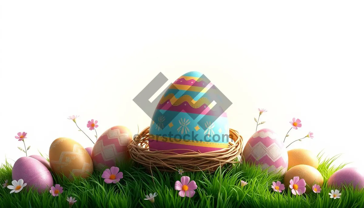 Picture of Colorful Easter Eggs Decoration on Grass for Spring Celebration.