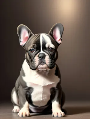 Cute wrinkled bulldog puppy sitting obediently